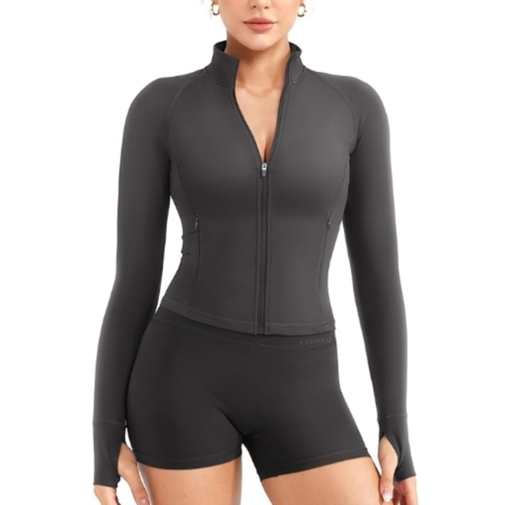 Athletic Full Zip Workout Long Sleeve Cropped Jacket Gray